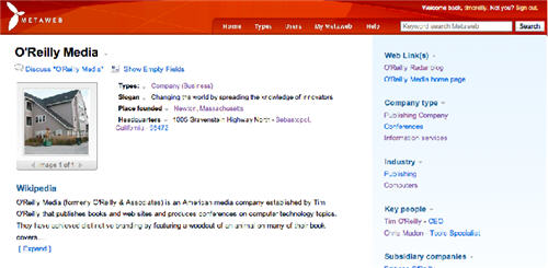 Capture d'écran de Freebase d'un article sur O'Reilly Media issu de Wikipédia. En haut, on voit les champs de donner à renseigner