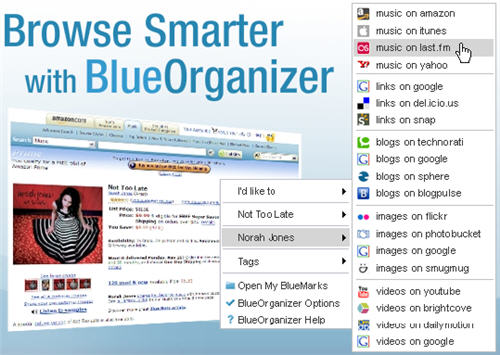 Le menu contectuel du BlueOrganizer d