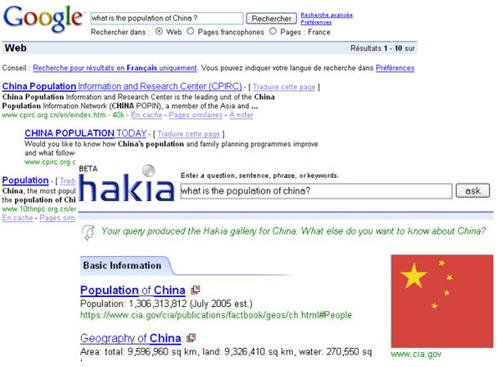 La réponse comparée de Google et Hakia à la question Quelle est la population de la Chine ?