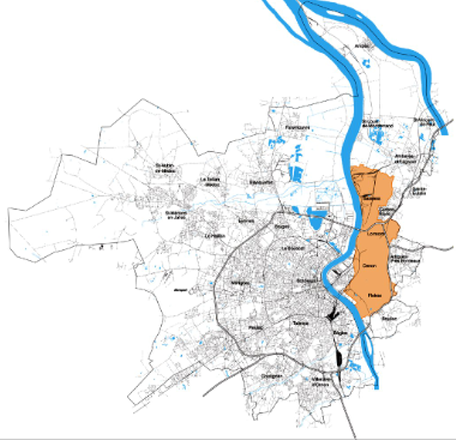 En orange, les 4 communes du Grand projet de ville de la rive droite de Bordeaux En orange, les 4 communes du Grand projet de ville d e la rive droite de Bordeaux