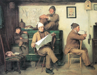 Des gens se rassemblent autour de la chaleur d'un poêle en faience, peinture d'Albert Anker, 1867 Des gens se rassemblent autour de la chaleur d'un poêle en faience, peinture d'Albert Anker, 1867