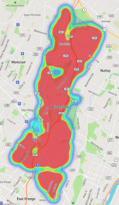 Carte montrant la densité des caméra vidéos Ring à Bloomfield
