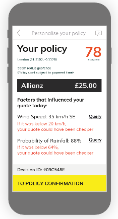 L'interface de Flock qui montre que si le vent ou la probabilité de pluie étaient moins fortes, le prix proposé serait moins élevé