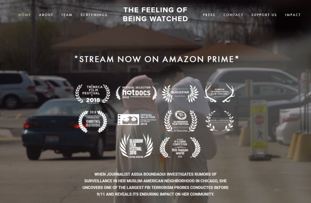 Page d'accueil du site du documentaire 'Le sentiment d'être surveillé'