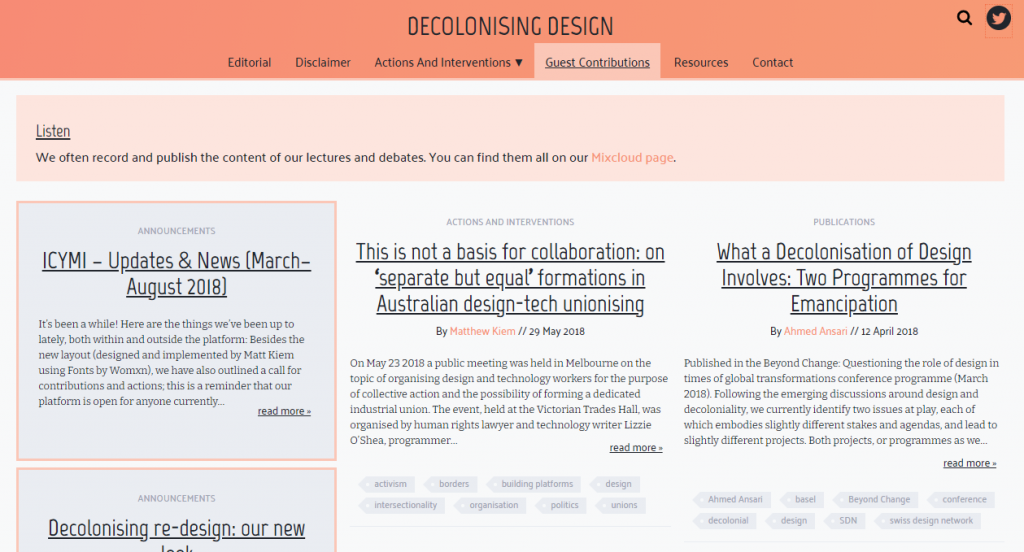 Page d'accueil du site Décoloniser le design Page d'accueil du site Décoloniser le design