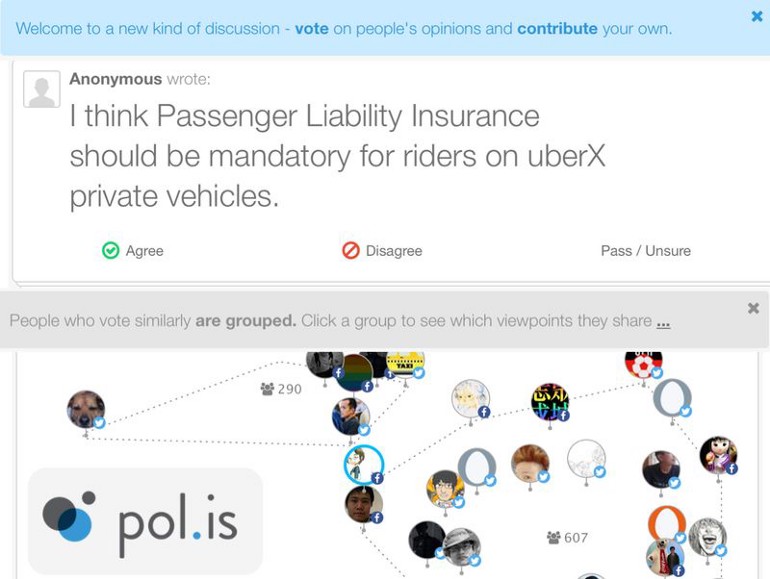 Sur Pol.is, à chaque sondage est lié une cartographie du positionnement des participants selon qu'ils sont d'accord ou pas Sur Pol.is, à chaque sondage est lié une cartographie du positionnement des participants selon qu'ils sont d'accord ou pas